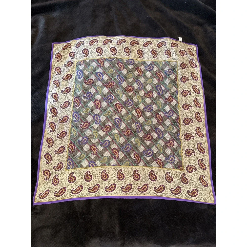 OSCAR DE LA RENTA Vintage SILK SCARF Pure Silk Paisley Purple Border 29x29 Japan